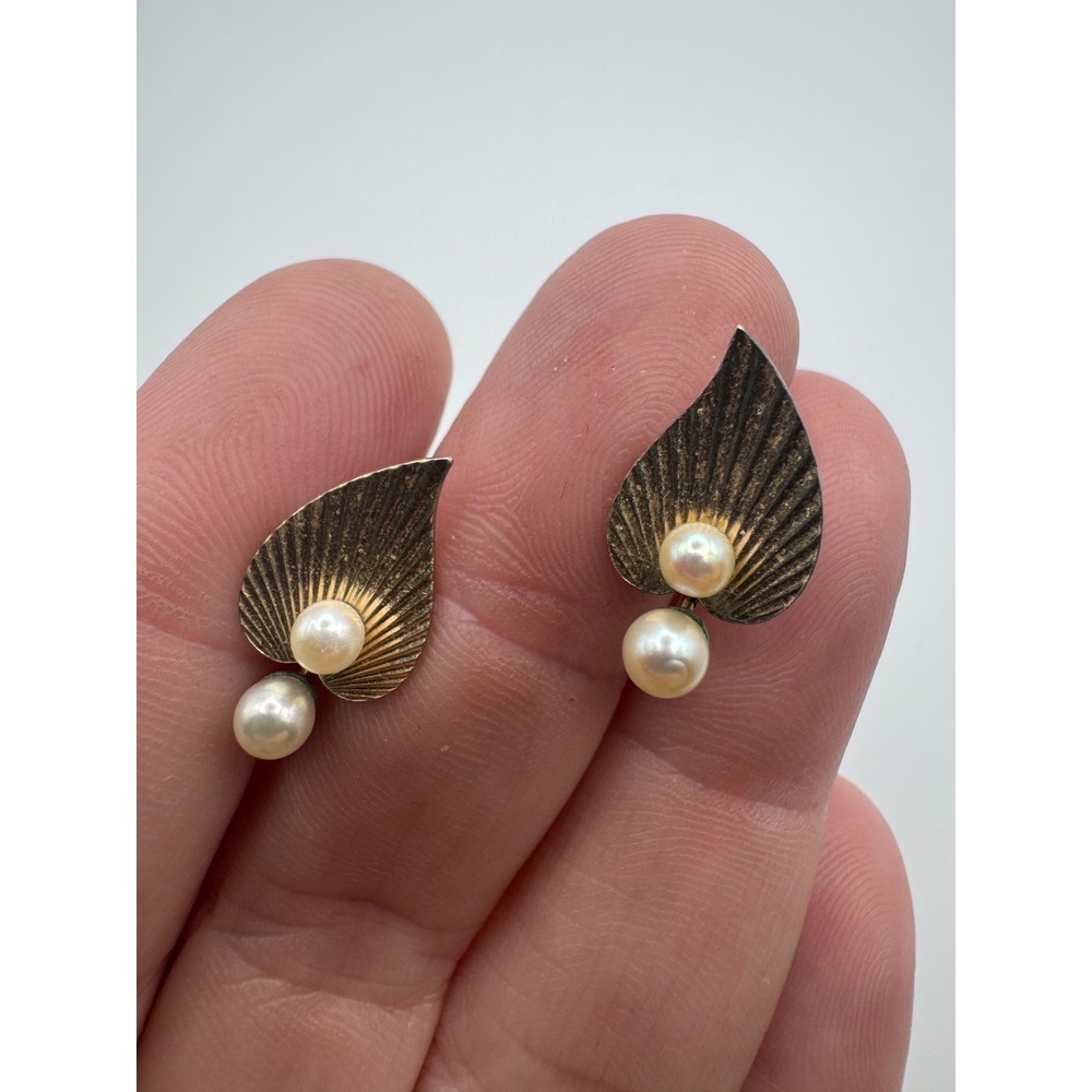 Vintage Krementz Earrings Ginkgo Leaf Faux Pearl Drop Mid Cent